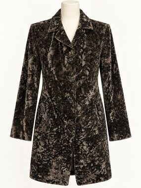 Cynthia Steffe Crushed Velvet Long Blazer Car Coat Mob Wife Brown Green Size 6